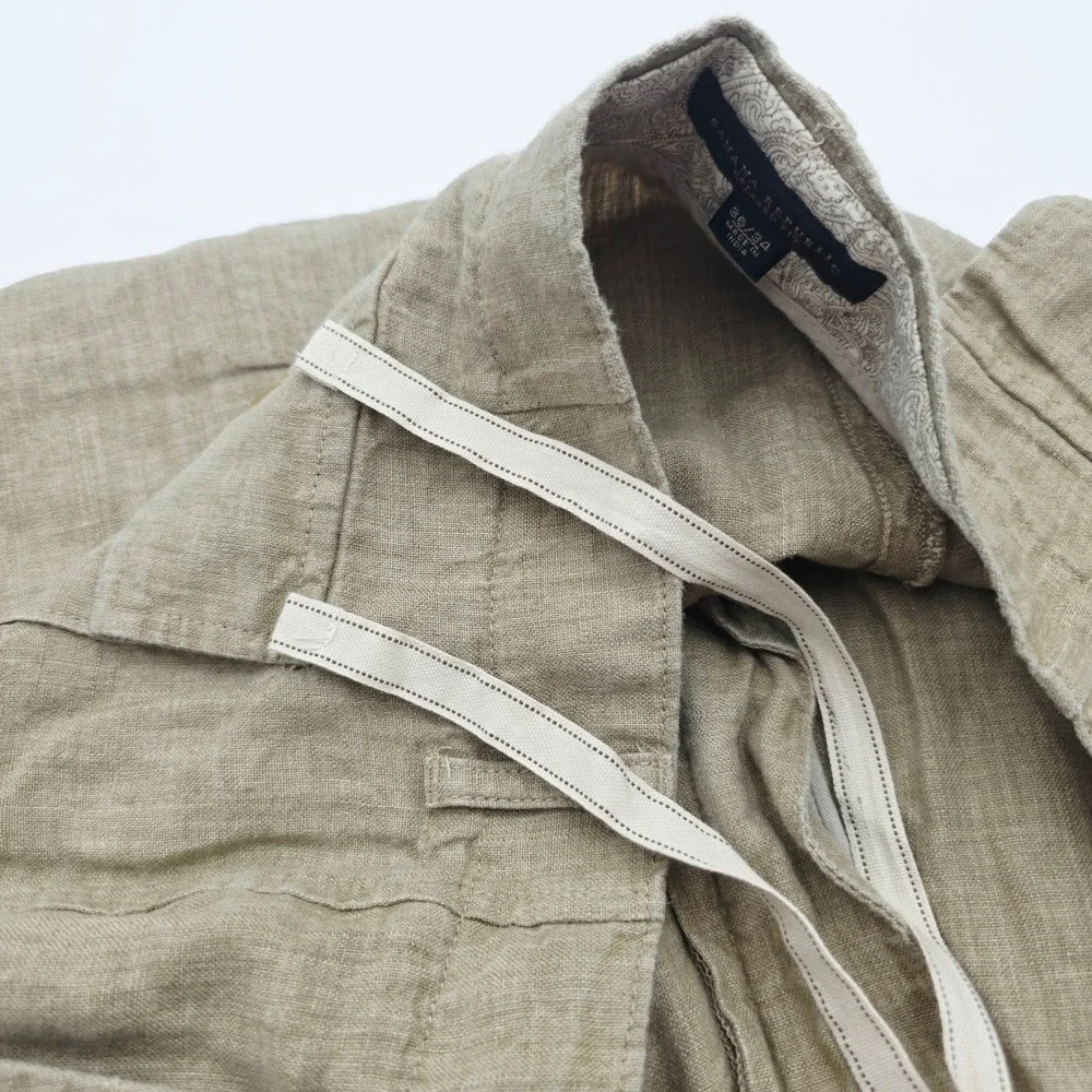 Banana Republic Mens 36X34 Fit 36X33 Tan 100% Linen Pants Flat Front Relaxed Fit